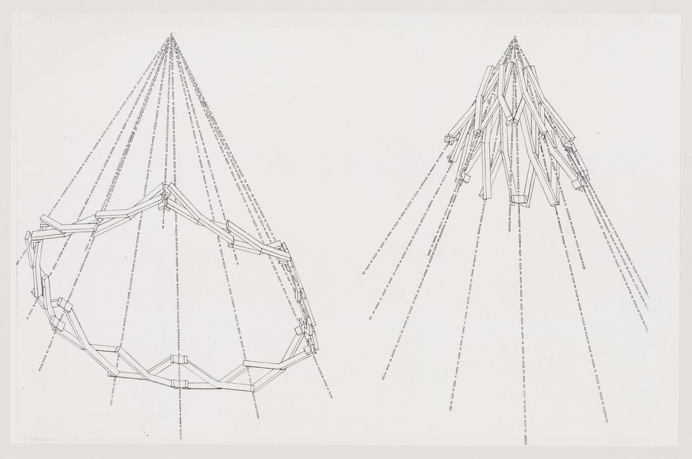 Perspective view of a radial expansion/retraction truss structure in two different positions