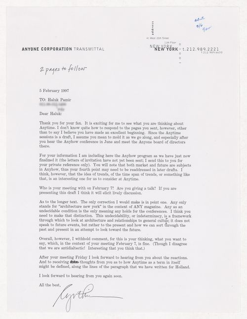 Letter from Cynthia Davidson to Haluk Pamir from the Sevki Vanli Foundation for Architecture, about the theme of the eighth Any conference, Anytime