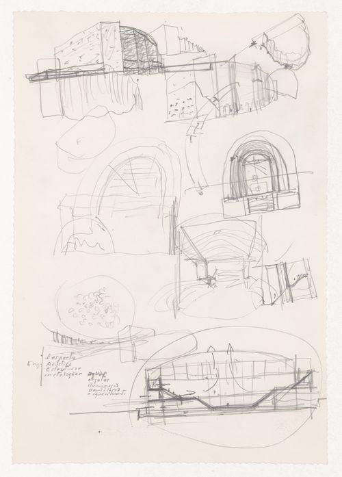 Sketch axonometric views and section for Reitoria e Auditorio Nou. Camp. Univ. de Valencia - Proj. II, Valencia, Spain