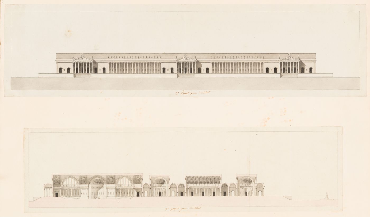 Site plan and elevation for the second project for an institute; verso: Elevation and section for the third project for an institute