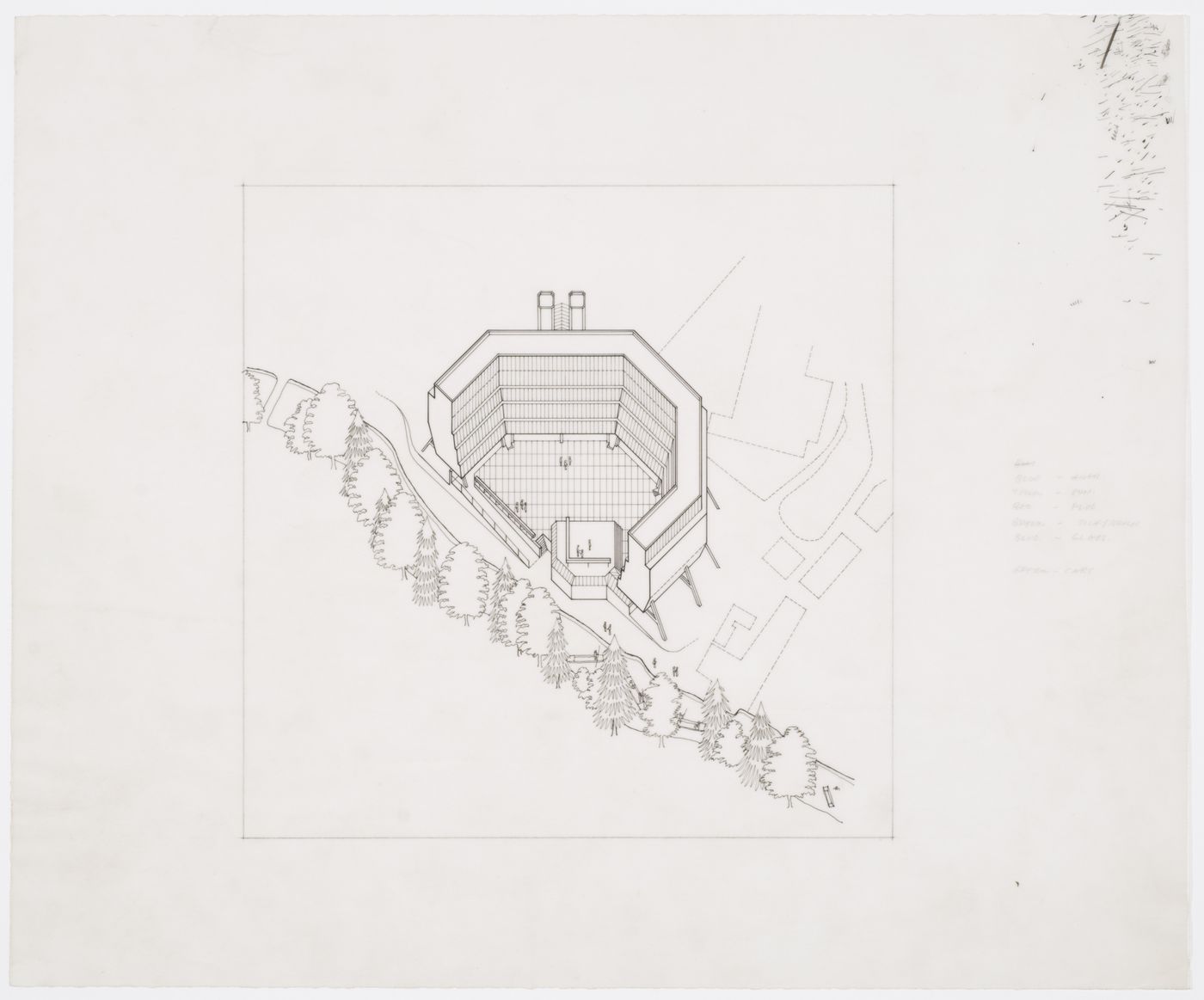 Florey Building, Queen's College, University of Oxford, Oxford, England: axonometric