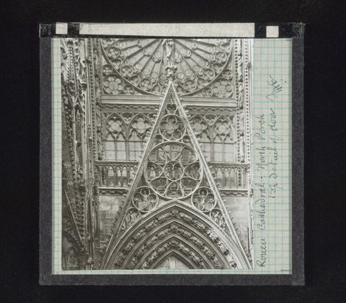 Detail view of porch of north transept of cathedral, Rouen, France