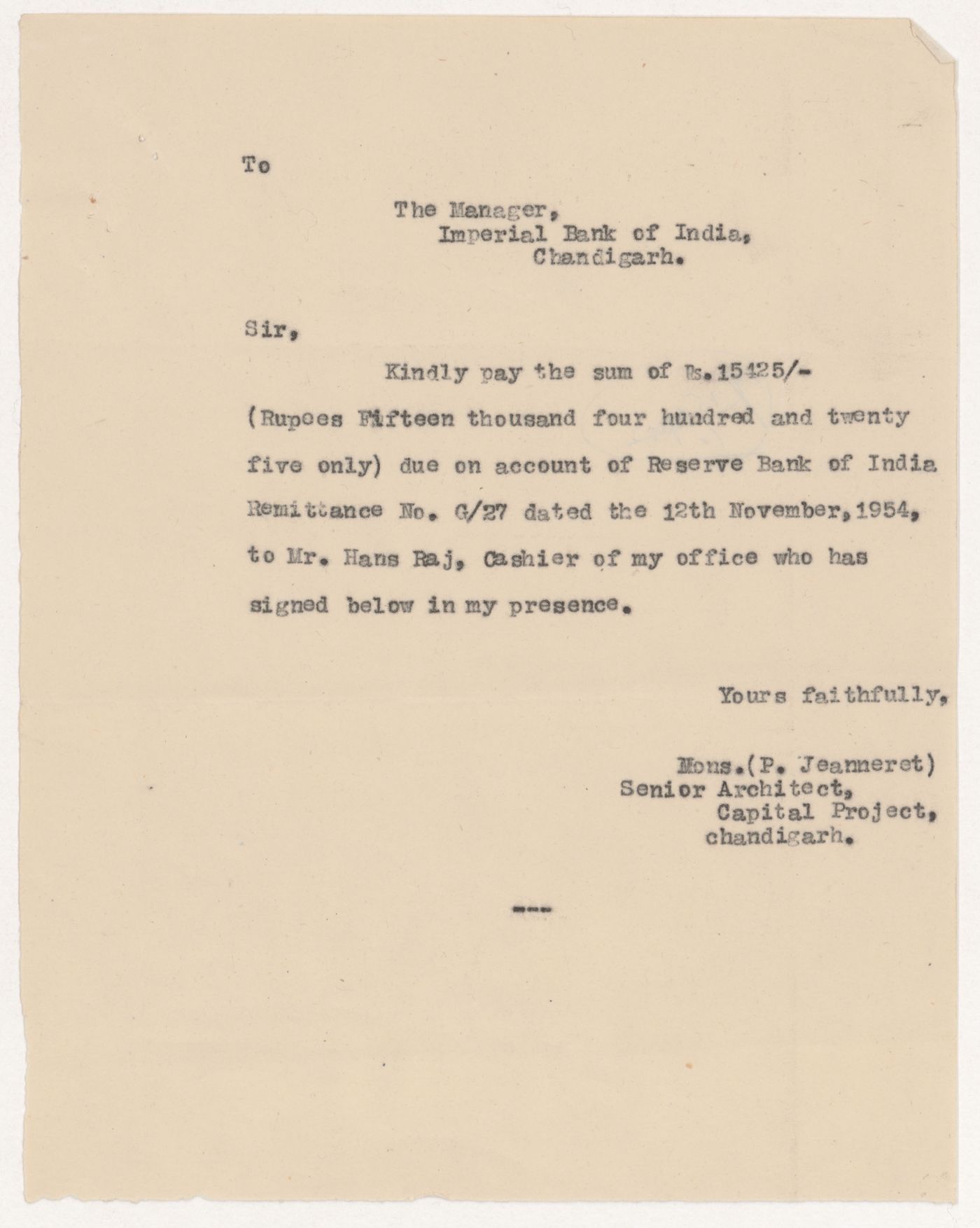 Letter from Pierre Jeanneret to the manager of the Imperial Bank of India, in Chandigarh, India