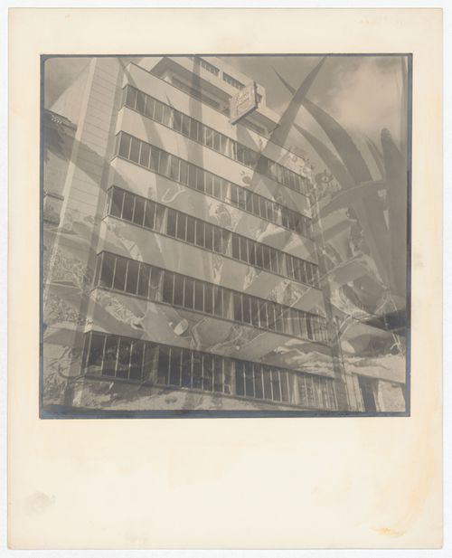 View of an office building, Avenue Juarez 60, with an image of a maguey plant superimposed on the photograph, Mexico City, Mexico