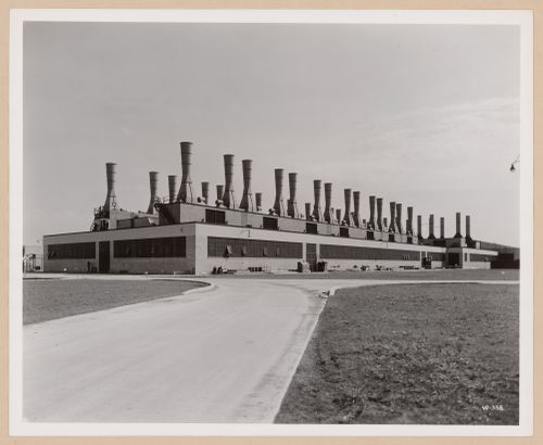 View of the north and west façades of the Test Cells, General Motors Corporation Buick division Airplane Engine Assembly Plant, Melrose Park, Illinois