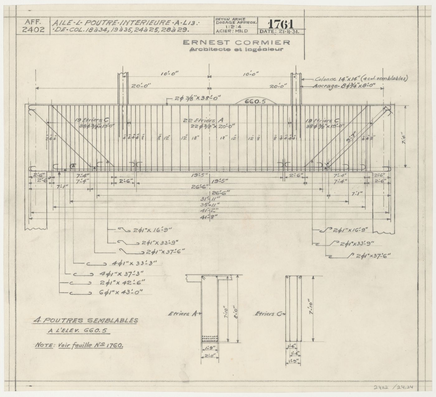 Détails des poutres intérieures de l'aile L, Pavillon principal et campus, Université de Montréal, Montréal, Canada (1924-1947)