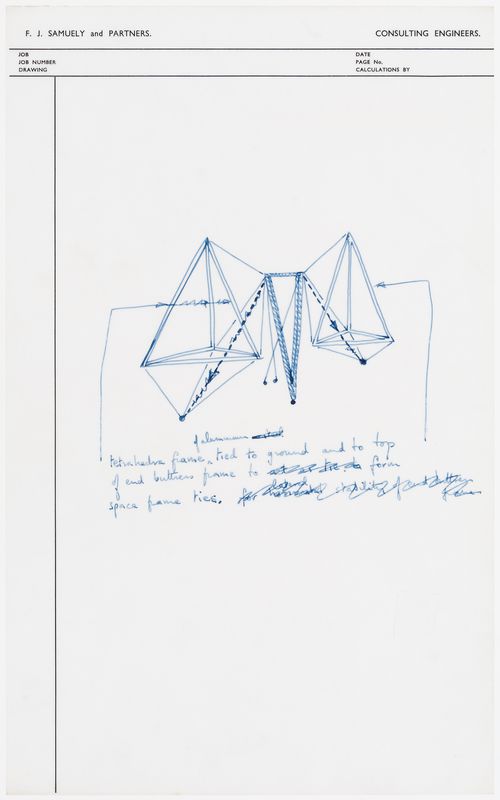Technical sketch showing aluminum tetrahedra frame tied to ground and to top of end buttress to form space frame ties for the Aviary at the London Zoo, London, England