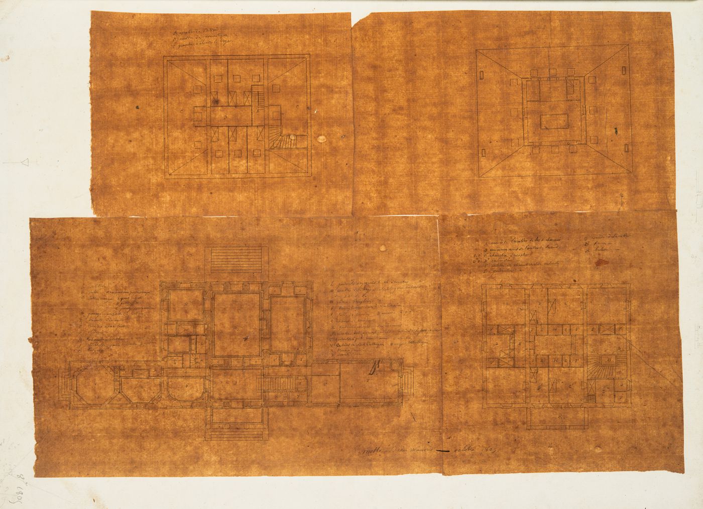 Project for a château for M. de Lorgeril, Motte Beaumanoir: Plans for the ground, first, and second floors and "comble"