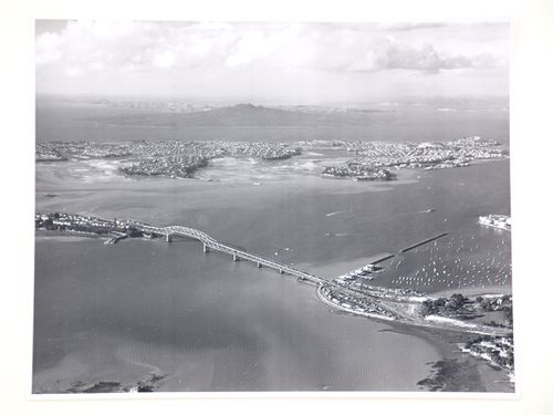 Aerial view of the Auckland Harbour Bridge, over the Waitematā Harbour, Auckland, New Zealand