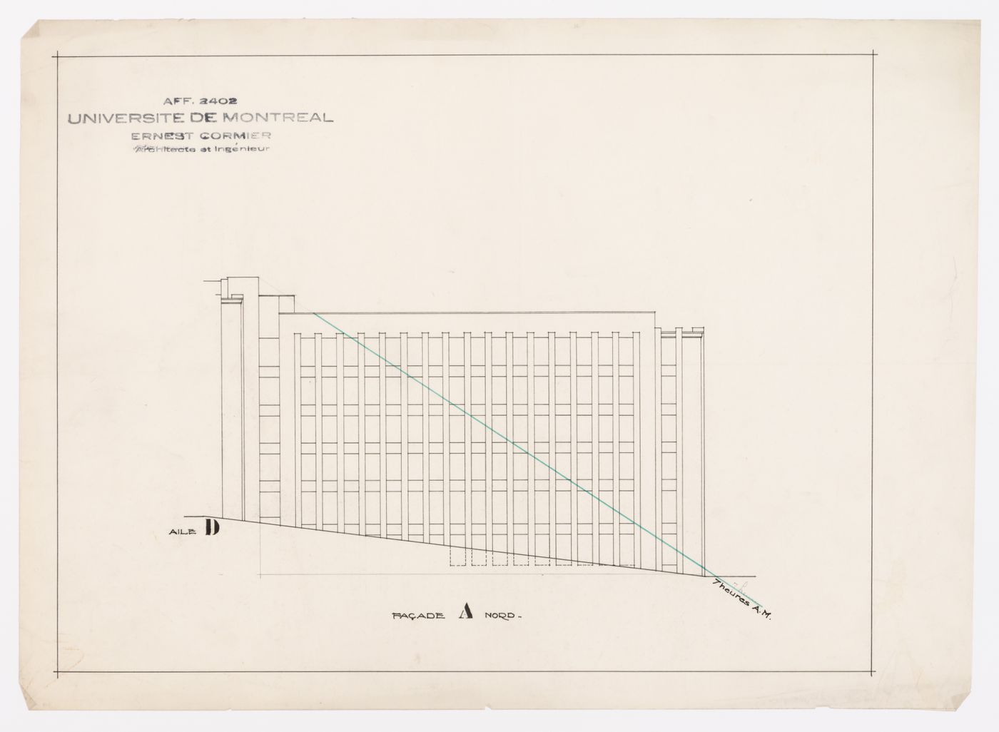 Diagramme de l'ombre pour la façade A, Pavillon principal et campus, Université de Montréal, Montréal, Canada (1924-1947)