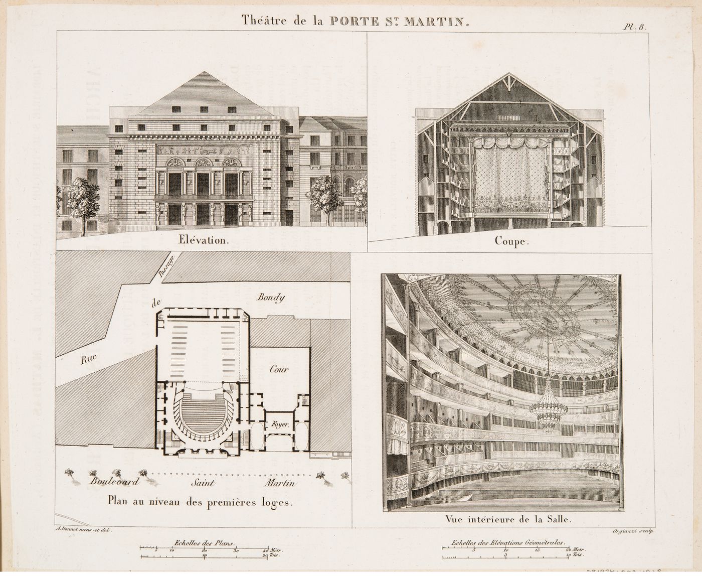 Théâtre de la Porte Saint-Martin, Paris: Elevation, cross section, plan of the level of the first boxes and interior perspective