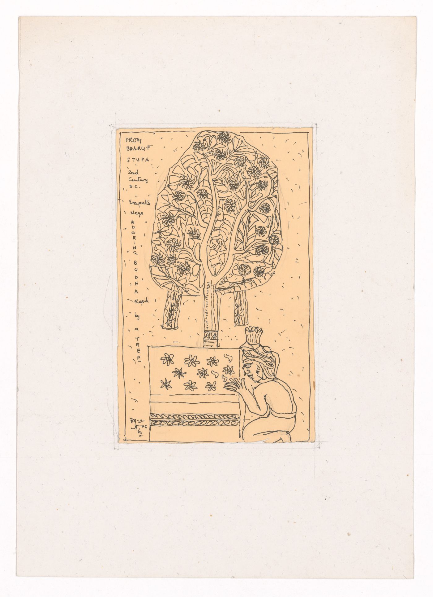 Postcard with person beneath a tree drawn by Aditya Prakash
