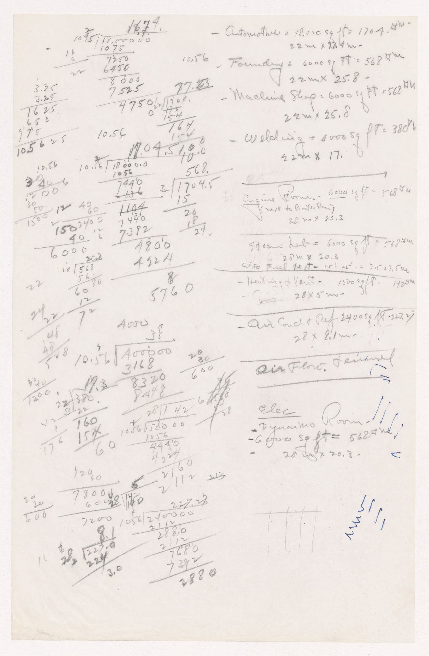 Calculations, probably for automotive, foundry, machine shop and welding facilities for Illinois Institute of Technology