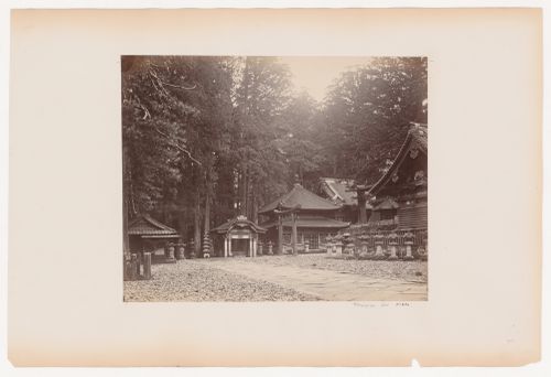 Partial view of the Toshogu Mausoleum complex showing the Guardhouse, the Washbasin Shed, the Sutra Repository, a torii, and other structures, Nikko, Japan