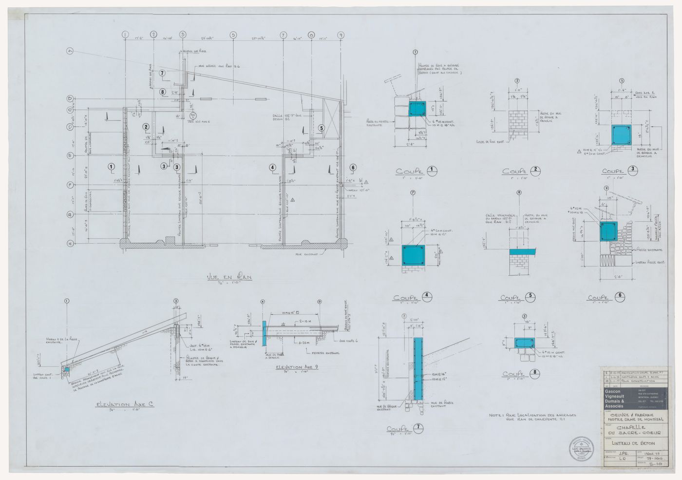 Plan, elevation and sections for the lintel for the reconstruction of the Chapelle du Sacré-Coeur, Notre-Dame de Montréal