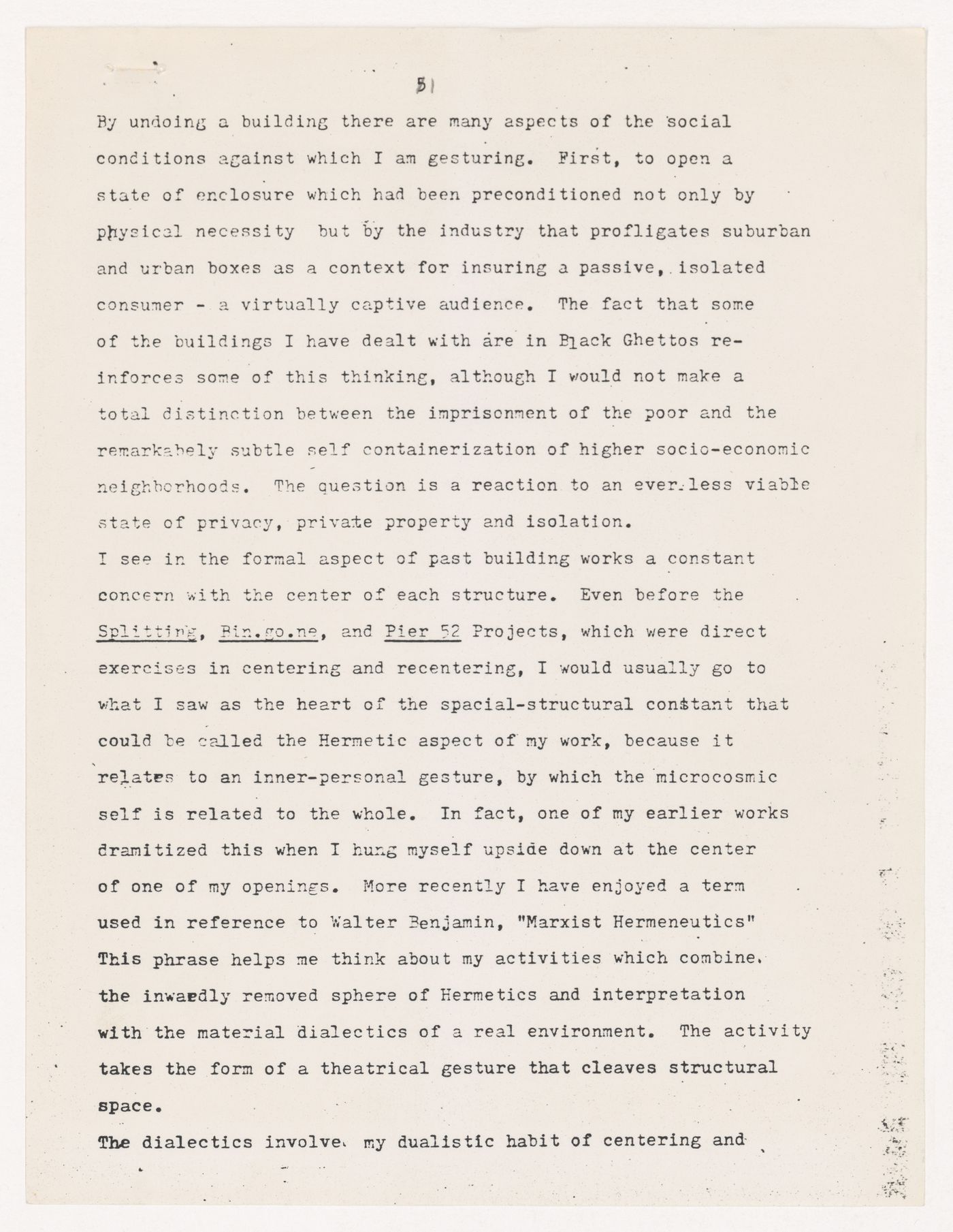 Transcript of an interview between Donald Wall and Gordon Matta-Clark about his Building Dissections