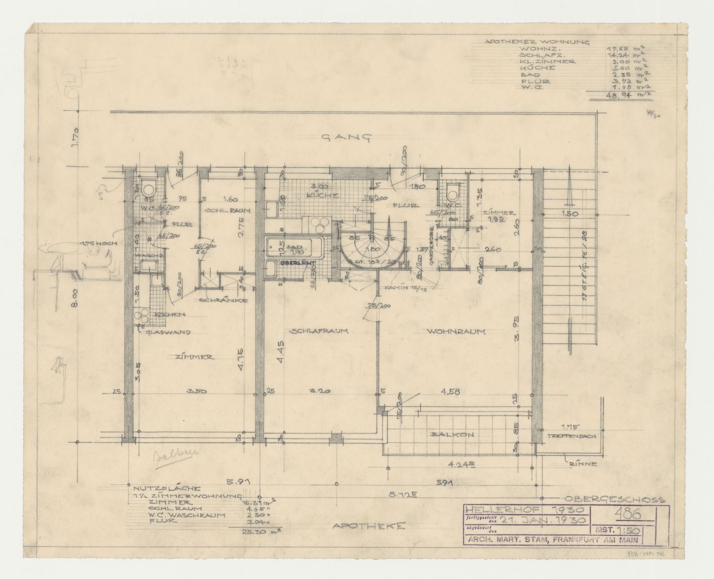 First floor plan for a housing unit above a drugstore, Hellerhof Housing Estate, Frankfurt am Main, Germany