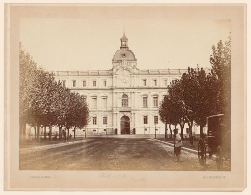 Partial view of façade of the Prefecture, with a tree-lined drive in foreground, Marseille, France