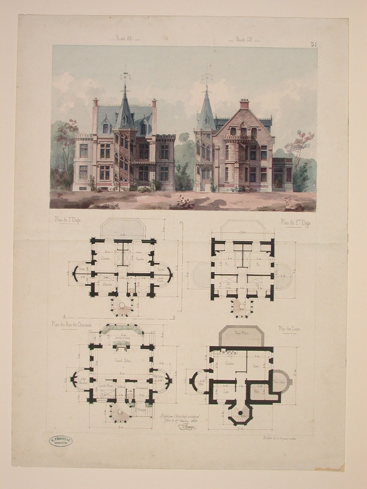 Rendered elevations and plans for a Gothic Revival mansion