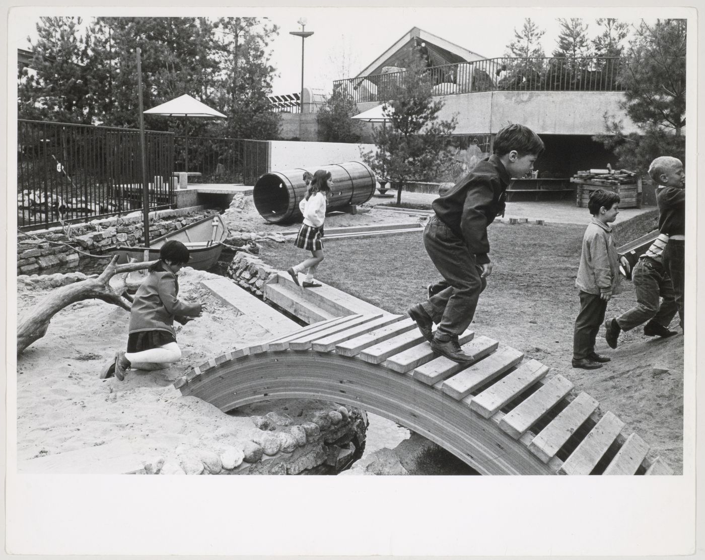 View of children playing at Children's Creative Centre Playground, Canadian Federal Pavilion, Expo '67, Montréal, Québec