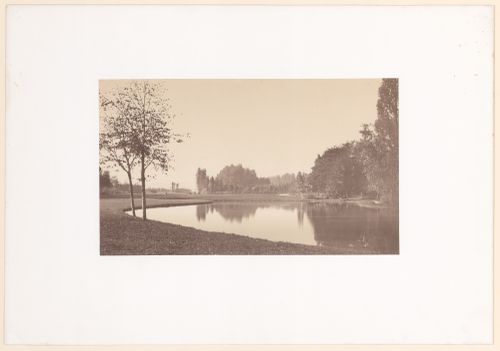 View of a lake, with two small trees at left, Bois de Boulogne, Paris, France