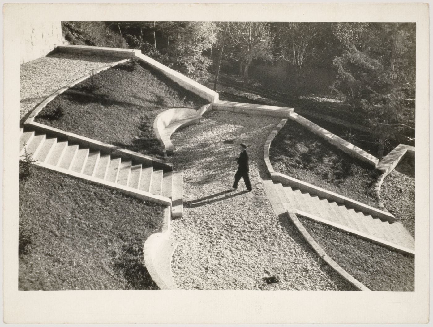 Exterior view of the stairs to the Ordzhonikidze Sanatorium for the People's Commissariat for Heavy Industry (Narkomtyazhprom), Kislovodsk, Soviet Union (now in Russia)