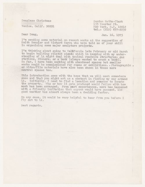 Letter from Gordon Matta-Clark to Douglass [sic] Christmas [sic]