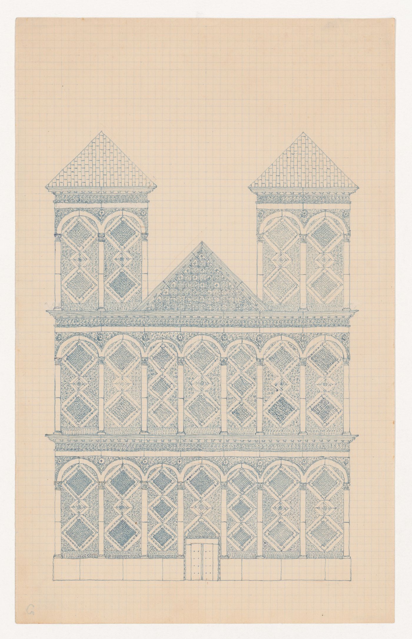 Design for the west façade of a large church in a Romanesque-inspired style