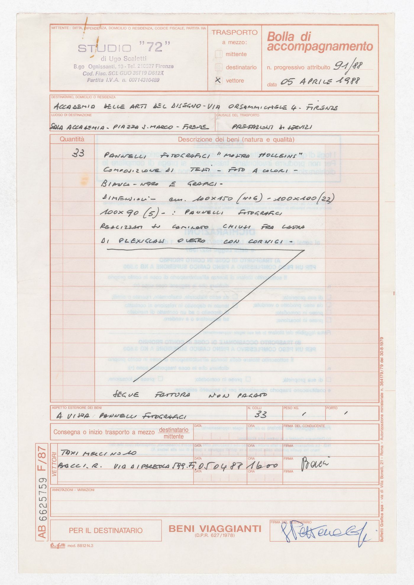 Packing slip for the exhibition Hans Hollein. Opere 1960-1988