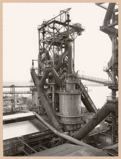 View of blast furnace head C of Metallhüttenwerk industrial plant, Lübeck-Herrenwyk, Germany