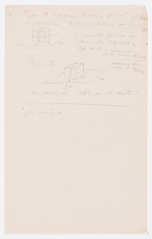 Sketches and notes for dwellings and building possibly in Chandigarh, India