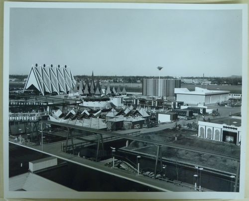 View of the Steel, Canadian Pulp and Paper and Canadian Pacific-Cominco with the minirail in foreground, Expo 67, Montréal, Québec