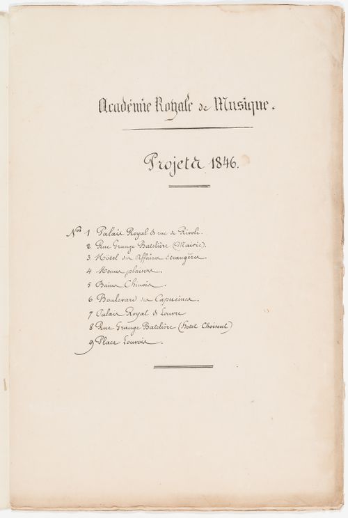 Table of contents listing 9 possible locations for an opera house for the Académie royale de musique; verso: Project no. 9: Site plan for an opera house for the Académie royale de musique, place Louvois
