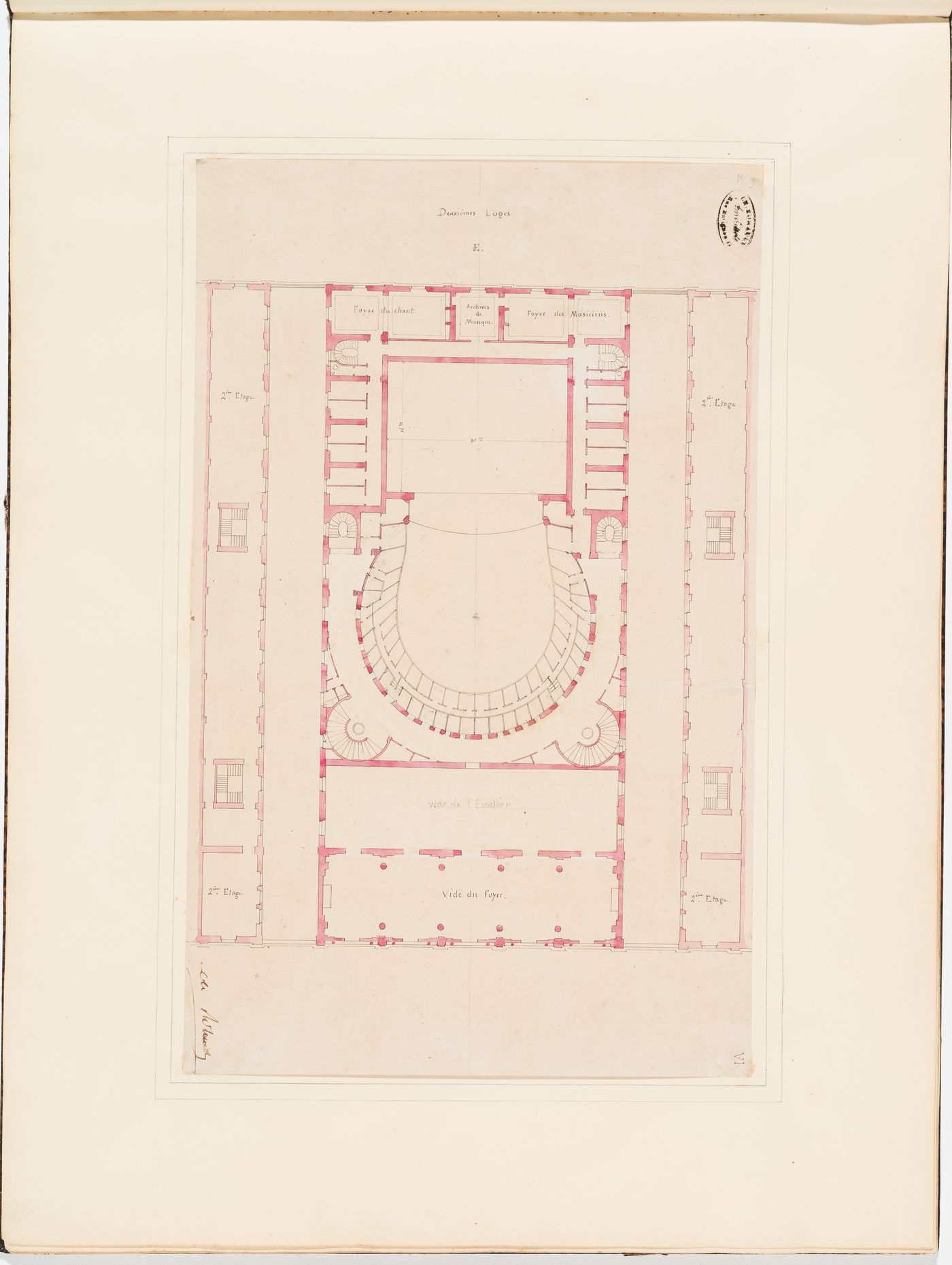 Plan for the "deuxièmes loges" for level E for the Théâtre Royal Italien, and two second floor plans for the adjacent shopping arcades