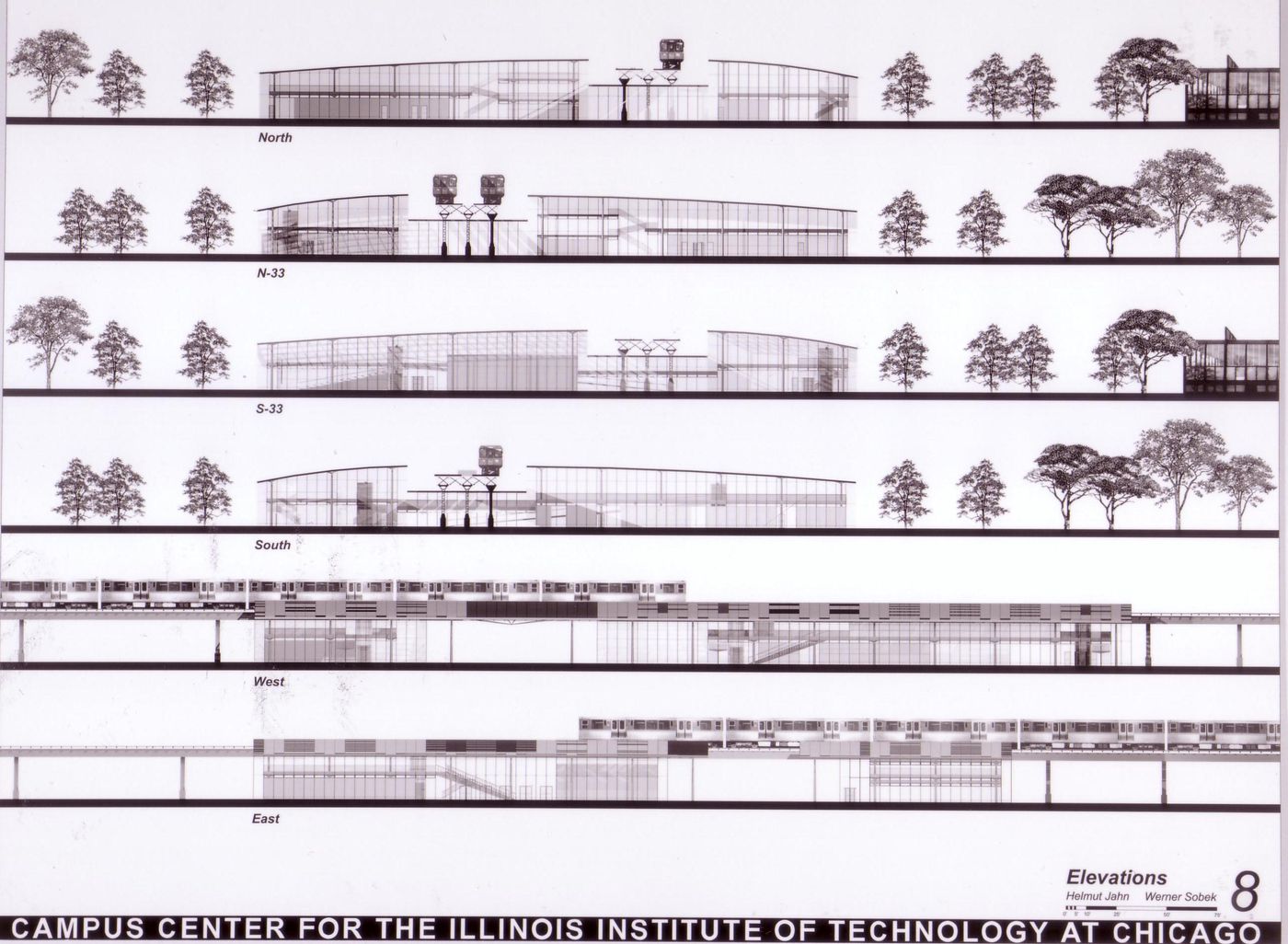 Elevations, submission to the Richard H. Driehaus Foundation International Design Competition for a new campus center (1997-98), Illinois Institute of Technology, Chicago, Illinois