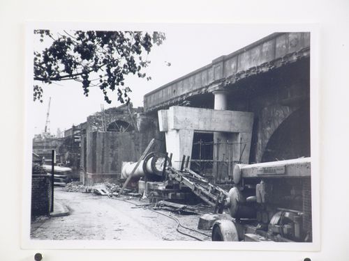 View of the broken down pier, Bushey Bridge, England