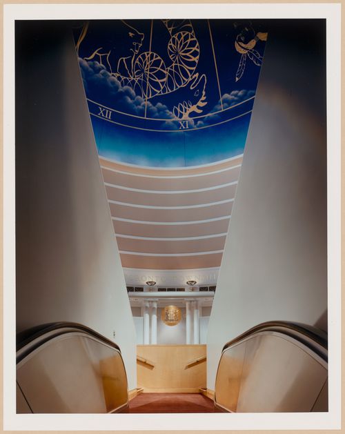 Interior view of the Council Chamber from the top of the escalator, Mississauga Civic Centre, Mississauga, Ontario