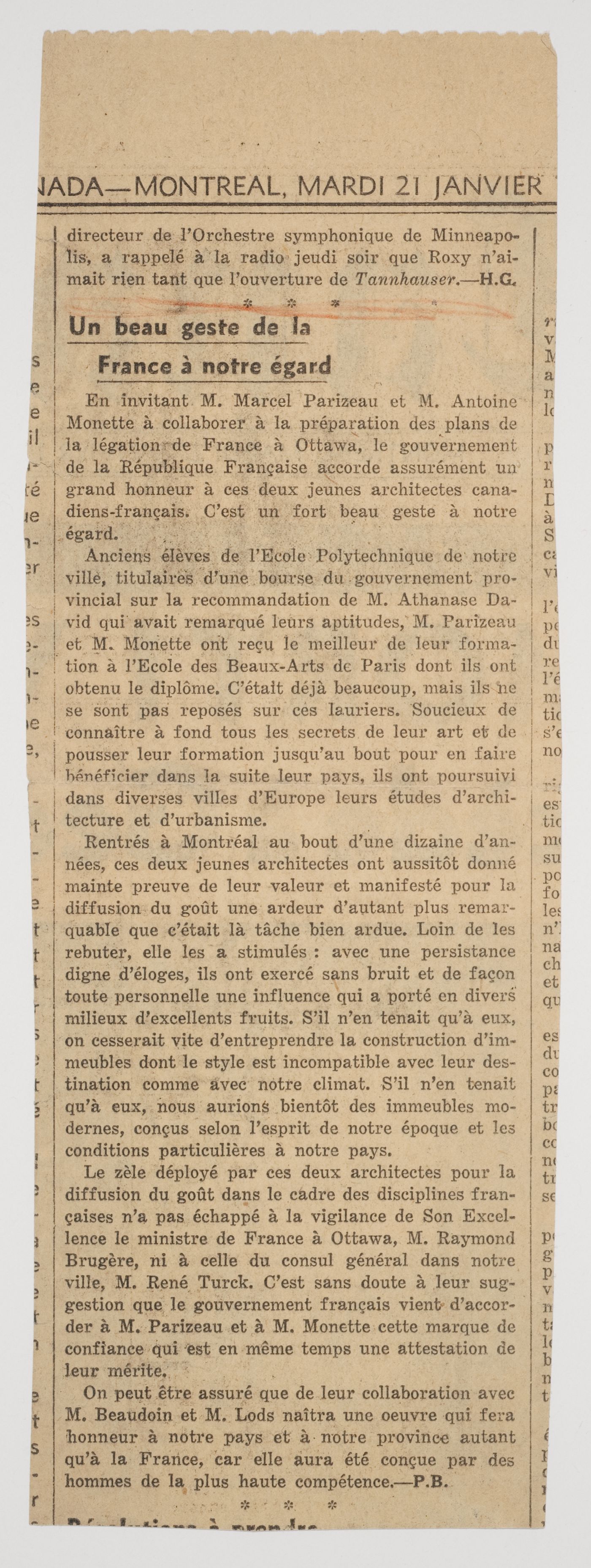 Coupure de presse au sujet de la collaboration des architectes canadiens Antoine Monette et Marcel Parizeau à la préparation des plans de la Légation de France, Ottawa, Ontario