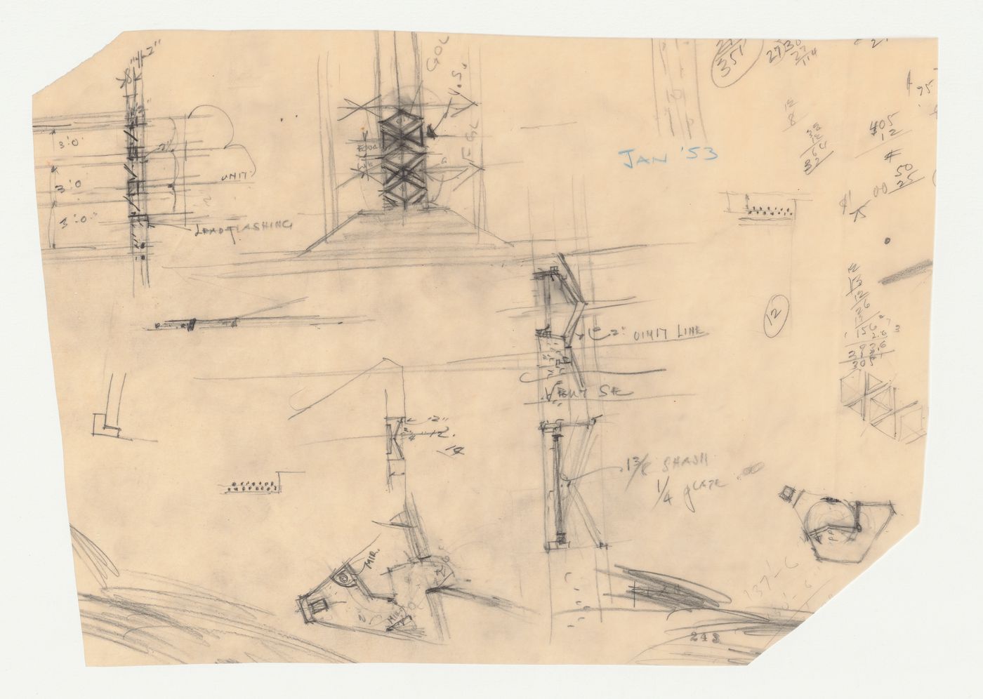 Wayfarers' Chapel, Palos Verdes, California: Elevation and sections for campanile flashing and sketch plan for the vestry