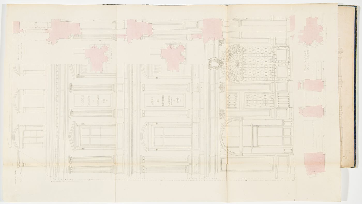 Partial elevation, plans, sections, and profiles for the principal façade of the Chambre des Notaires