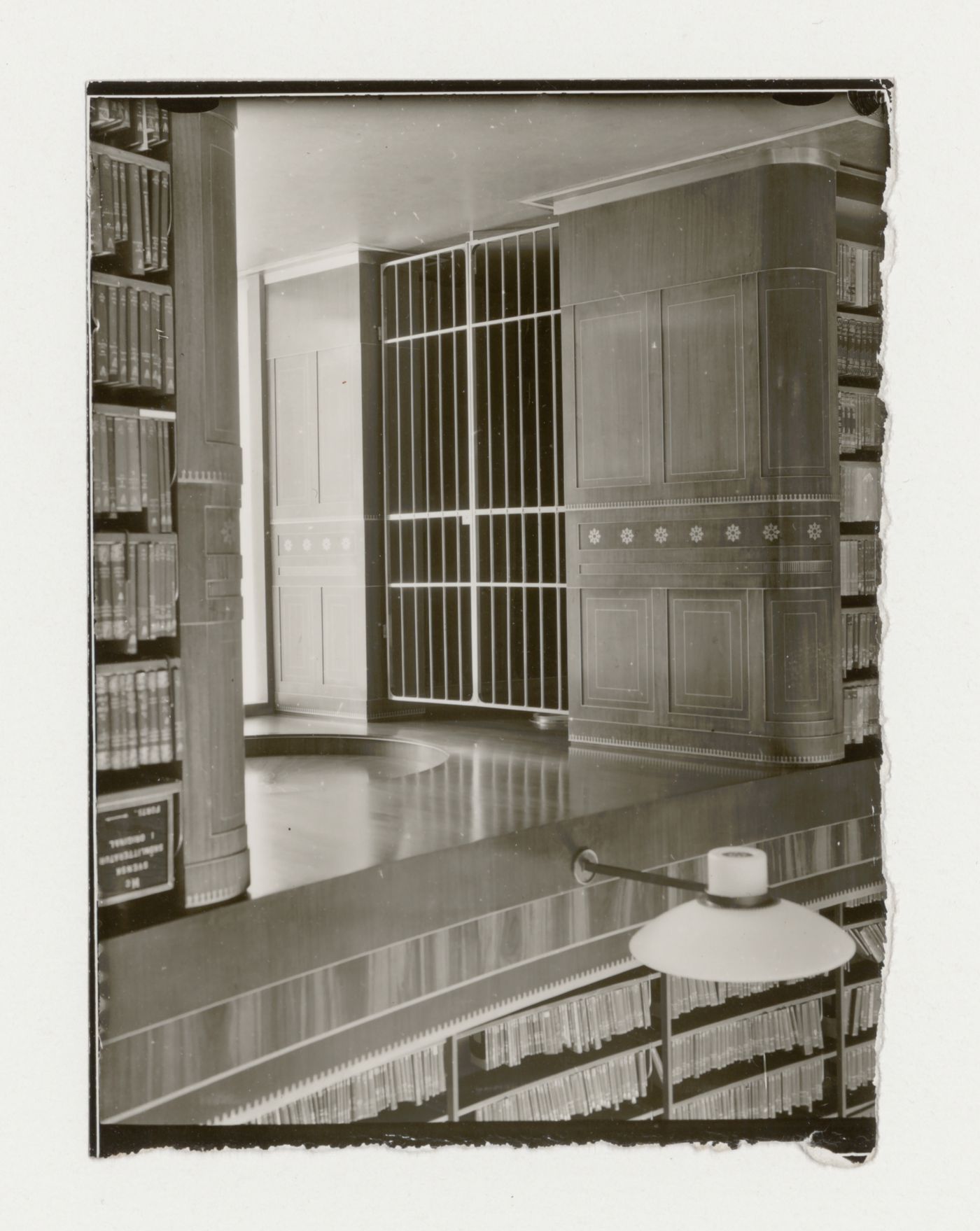 Interior view of the lending hall of Stockholm Public Library showing a passage entrance, 51-55 Odengatan, Stockholm