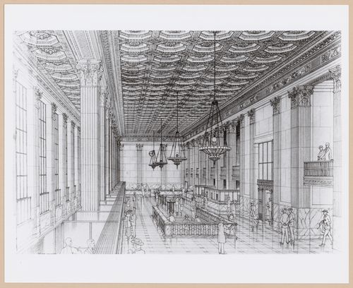 Photograph of an interior perspective drawing for or of the banking hall of the First National Bank Building, Detroit, Michigan