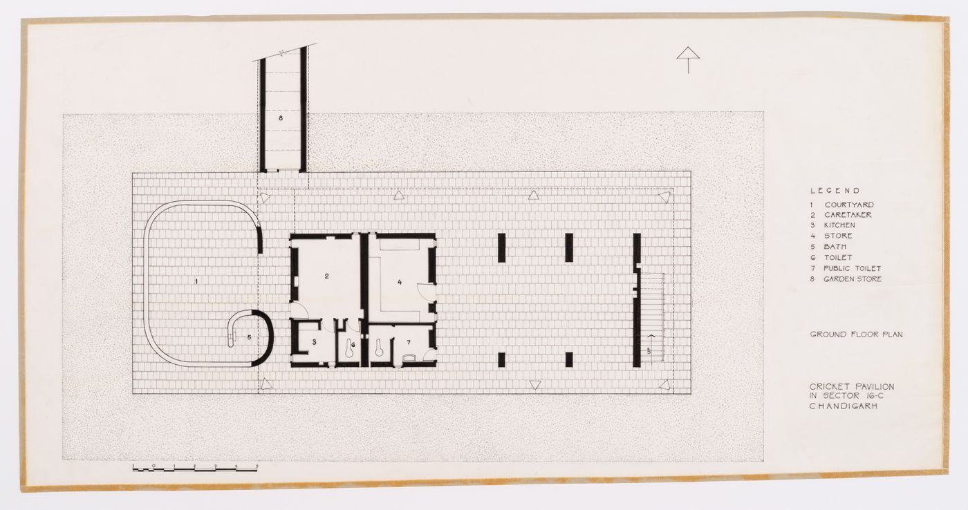 Ground floor plan for the Cricket Pavilion, Sector 16-C, in Chandigarh, India