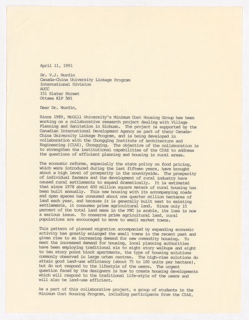 Letter from Vikram Bhatt to Dr V.J. Nordin of Canada-China University Linkage Program of the Association of Universities & Colleges in Canada (AUCC) about support for the Sichuan housing project in China