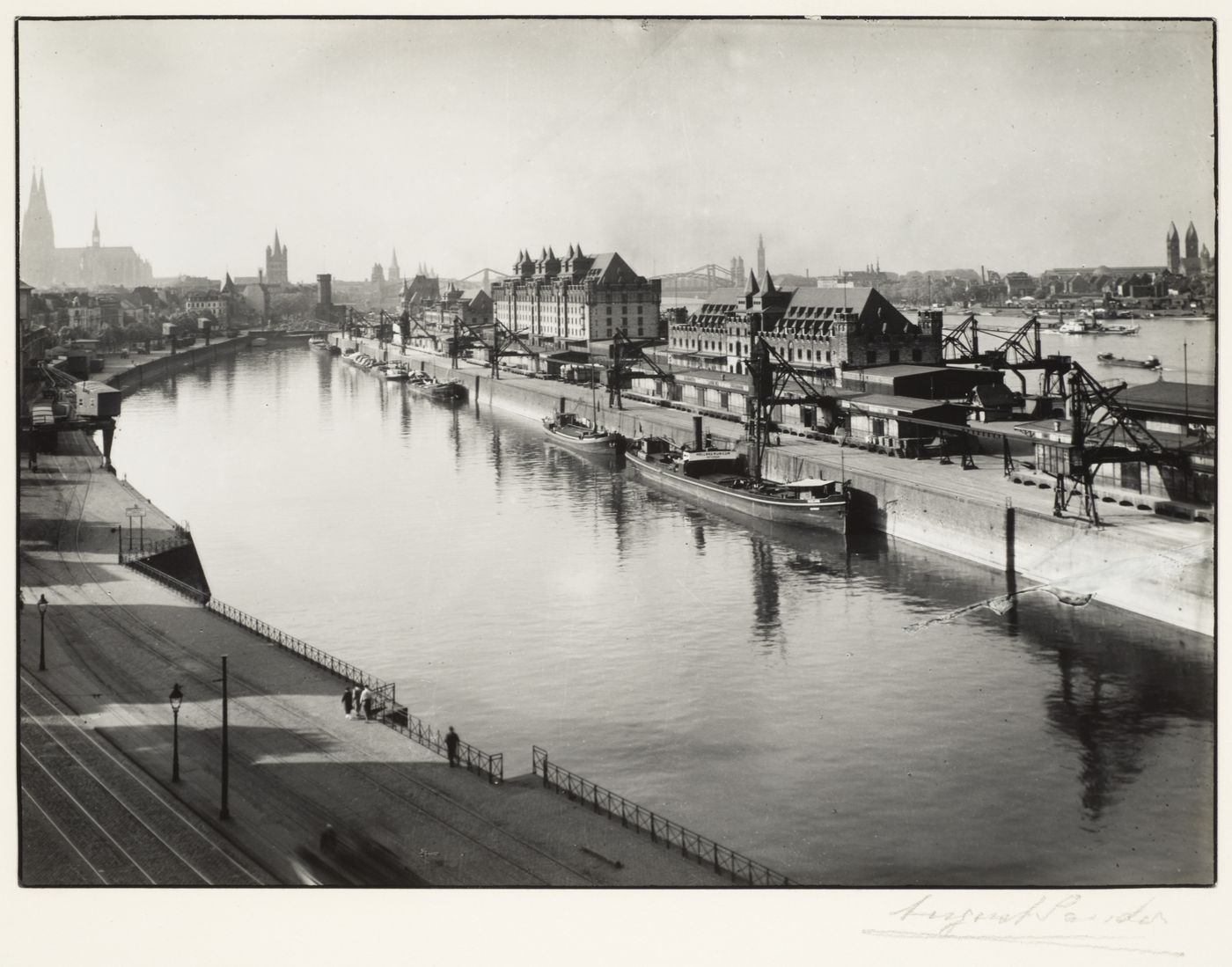 View of harbor with boats on Rhine, Cologne, Germany