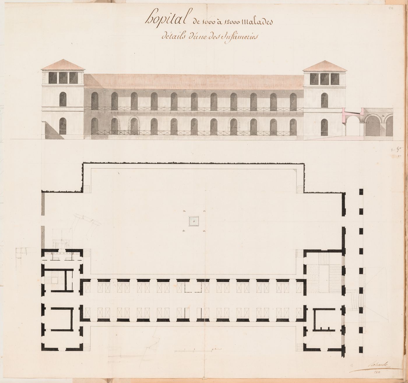 Ideal hospital for 1000 to 1200 patients, Paris: Elevation and plan for a ward