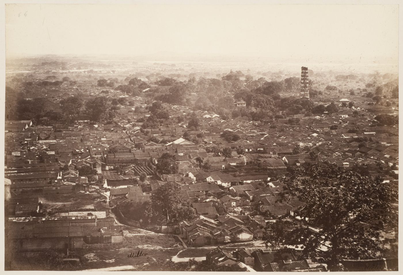 Panoramic view of Canton (now Guangzhou) showing houses and the Temple of the Six Banyan Trees (Liù róng sì) before its restoration, China