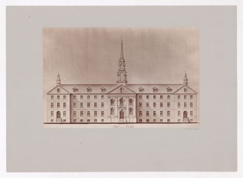Photograph of a drawing of the Maison-mère des Soeurs Grises showing the east Dorchester Street (now René Lévesque Boulevard) façade, Montréal, Québec