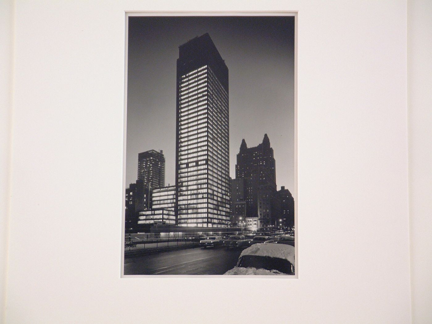 View of the Seagram Building at night from across the street, New York City