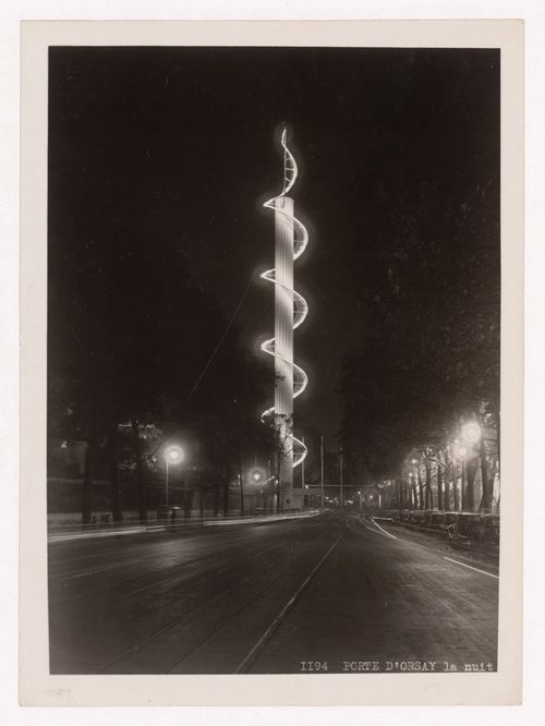 Night view of an illuminated column with the Porte D'Orsay or Porte Constantine in the background, 1937 Exposition internationale, Paris, France